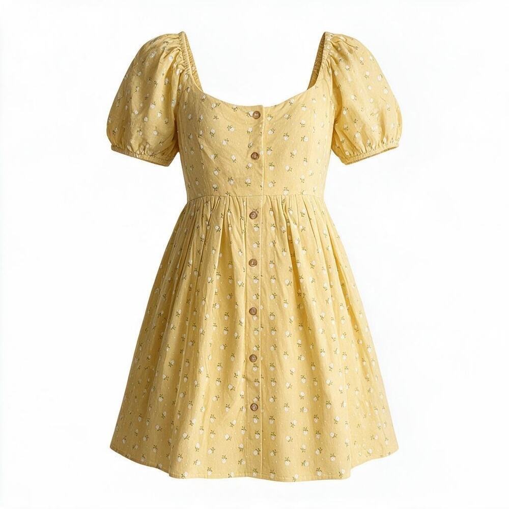 Line & Dot Hailee Mini Dress Yellow Womens SM Beach Floral Cotton Button Up Puff